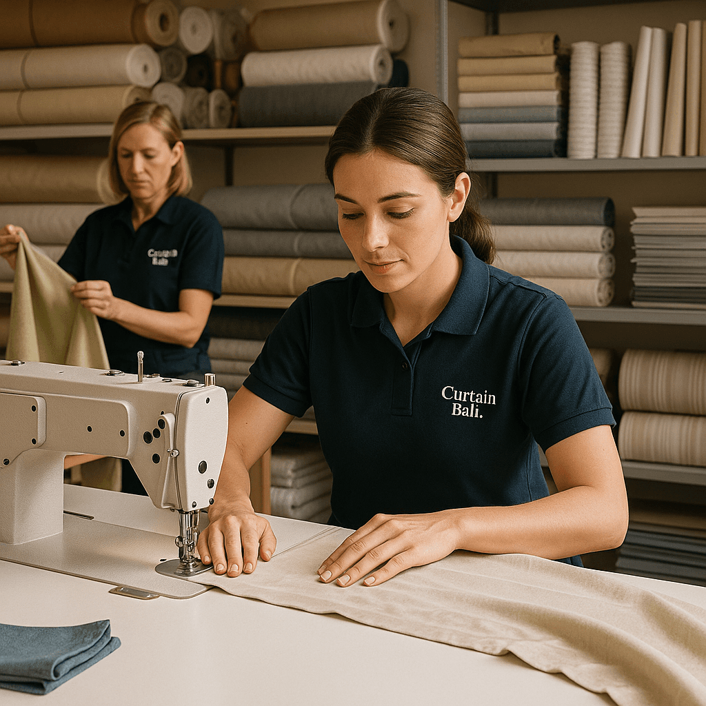 Sewing machine stitching a curtain panel